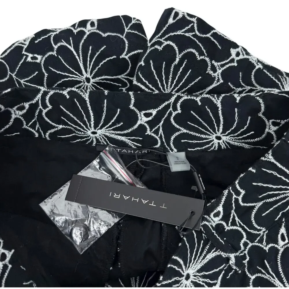 Tahari Black White Embroidered Floral High Rise Shorts Size 2